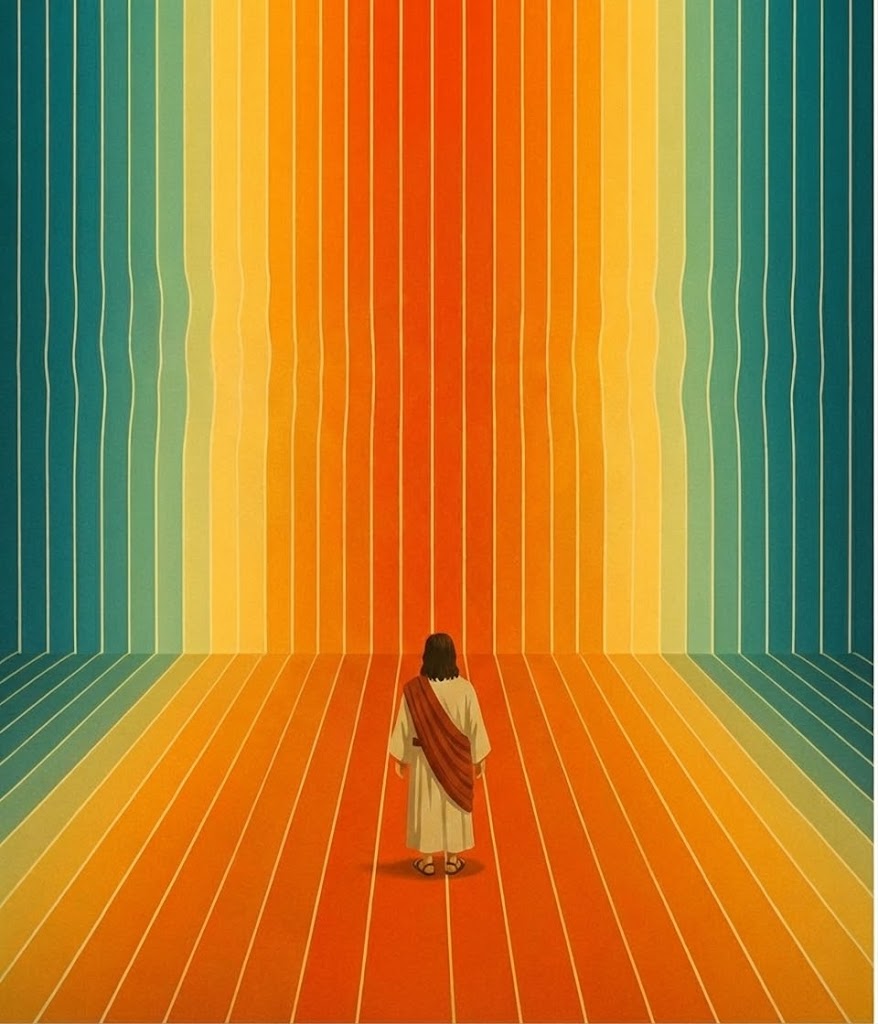 Figure walking into colorful light - representing the journey toward divine revelation